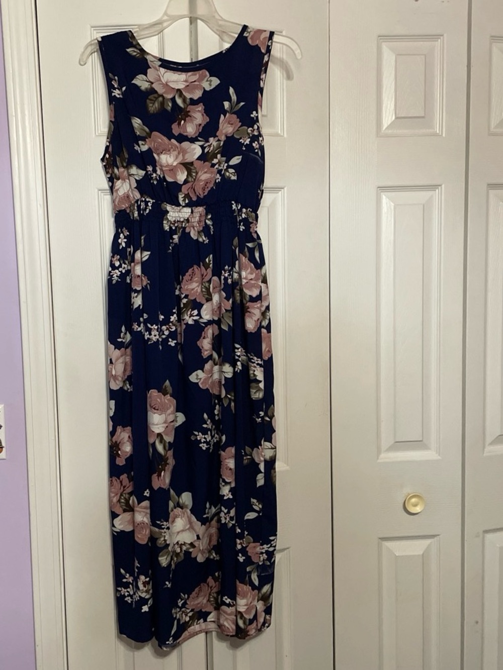 Floral Navy sleeveless Maxi Dress with Pink Roses